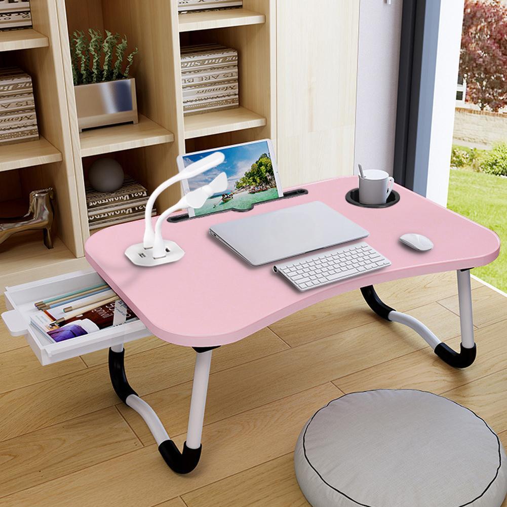 TEMU 1pc Folding Laptop Desk With Cup Holder & Tablet Slot - Mdf Board & Metal Frame, Anti-slip Stable For Work/bed/dining, Pink, 60×40×26cm