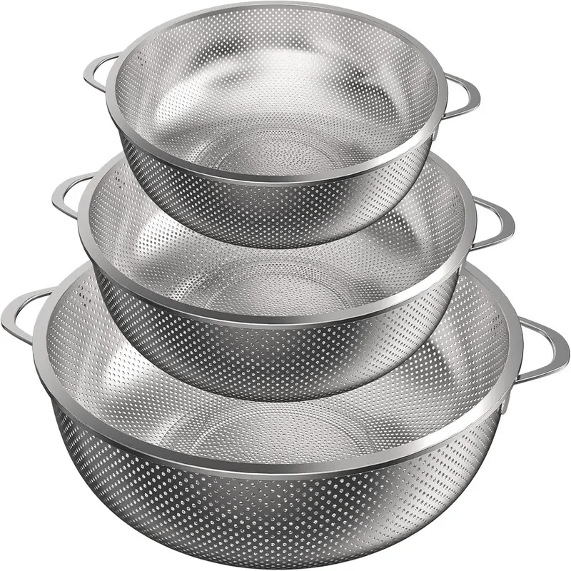 E-shop Küchensieb, 3er-Set, Edelstahl, mikroperforiertes Küchensieb, Nudelsieb mit Griff, Schüssel-Sieb für Nudeln, Obst, Reis, Gemüse, gesünder und