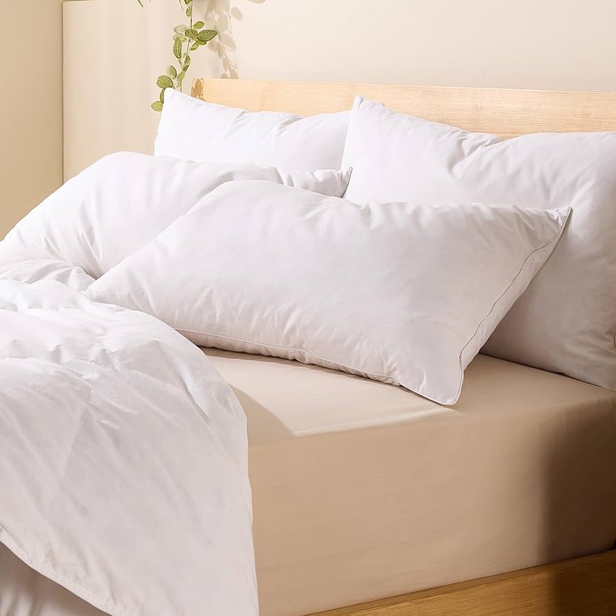 Set of 2 Goose Feather Bed Pillows – Soft/Medium Loft – Breathable Cotton Cover – Easy Care