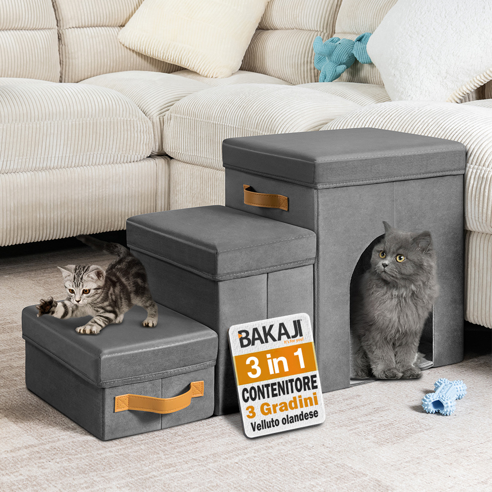Image of Bakaji 3-in-1 Foldable Velvet Dutch Gray Pet Ladder For Dogs And Cats, Multifunctional Pet Stairs With Storage Compartment And Pet House, Ergonomic Steps, Non-slip Base