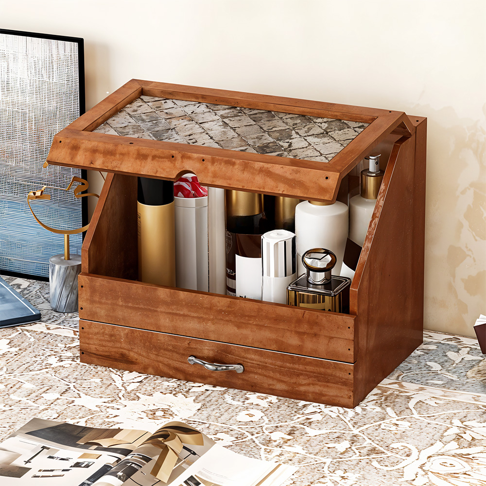 TEMU Vintage-style Wooden Storage Box For Desk, Large Capacity Dust-proof Cosmetic Organizer With Lid And Drawer, Jewelry Storage Organizer, Perfect