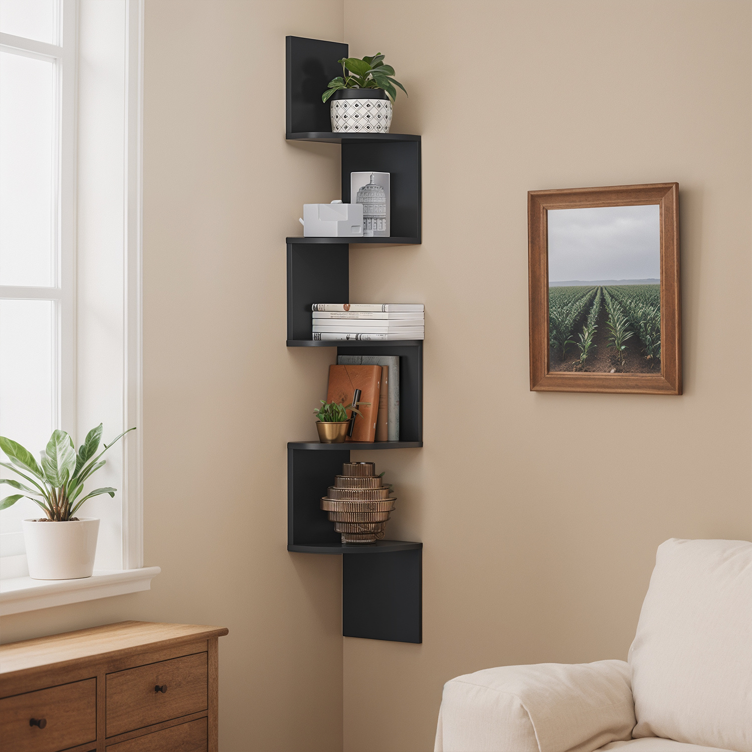 TEMU Mensole da Parete, Ripiano da Parete in Legno Massello , Scaffale Angolare a 5 Ripiani, Risparmio e Esposizione, Montaggio Facile, , ad , Design