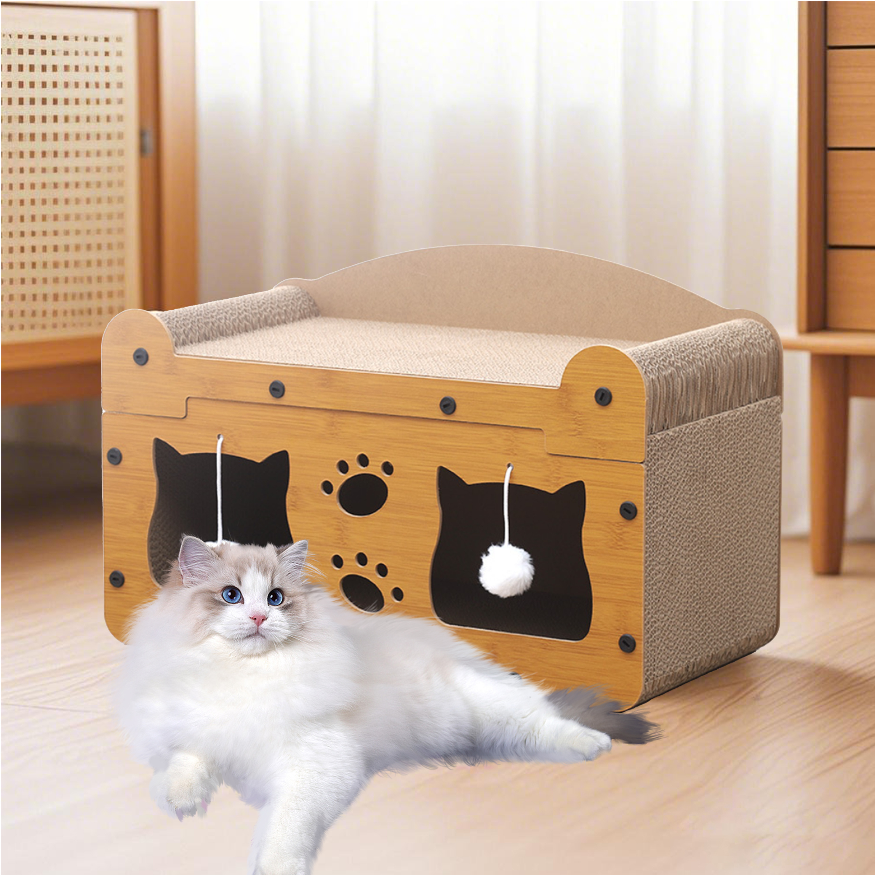 TEMU Multi Functional Integrated Cat Bed And Scratching Board |board+high-density Corrugated Paper , Sturdy, Round And Anti Collision Protection, To