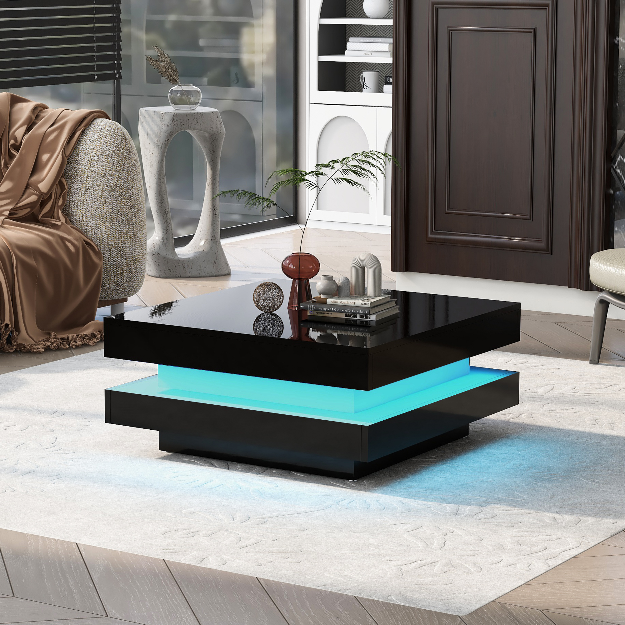 black square high gloss coffee table with 360 swivel table top for living room conference room low profile luxury 70x70x36 cm details 0