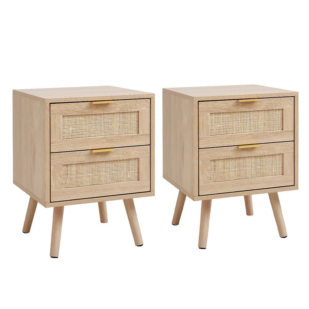 TEMU Set Of 2 Rattan Nightstand, Boho Night Stand With 2 Drawers, Storage Side End Table, Bedside Table With Solid Wood Legs For Bedroom, Dorm And