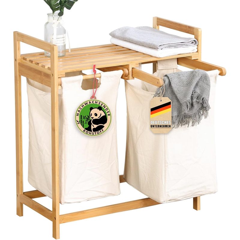 Bamboo Laundry Basket - Laundry Collector With 2 Compartments & Lid - Large Wooden Laundry Sorter For Dirty Laundry - Model