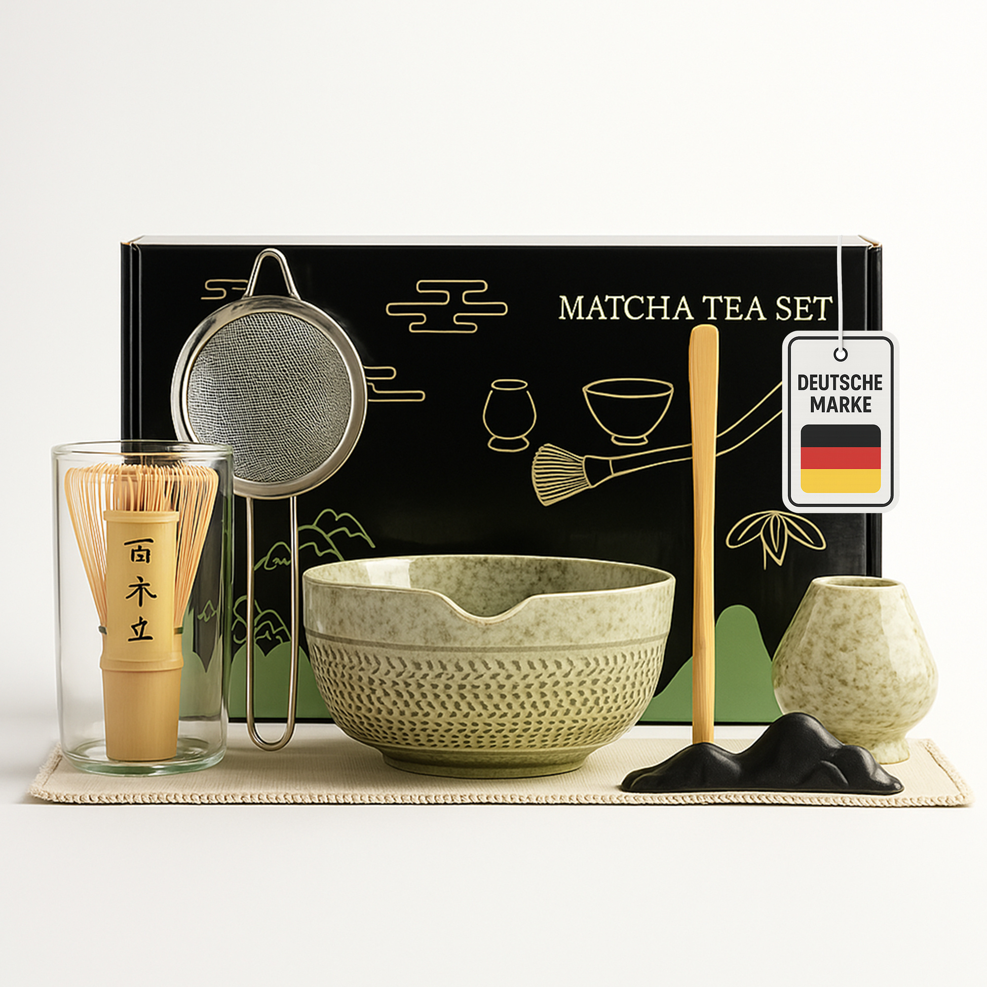 Image of Roxlin Matcha Set Tea (7pcs) Ceramic, Bamboo Matcha Whisk, Handmade Bowl, Sieve & Accessories