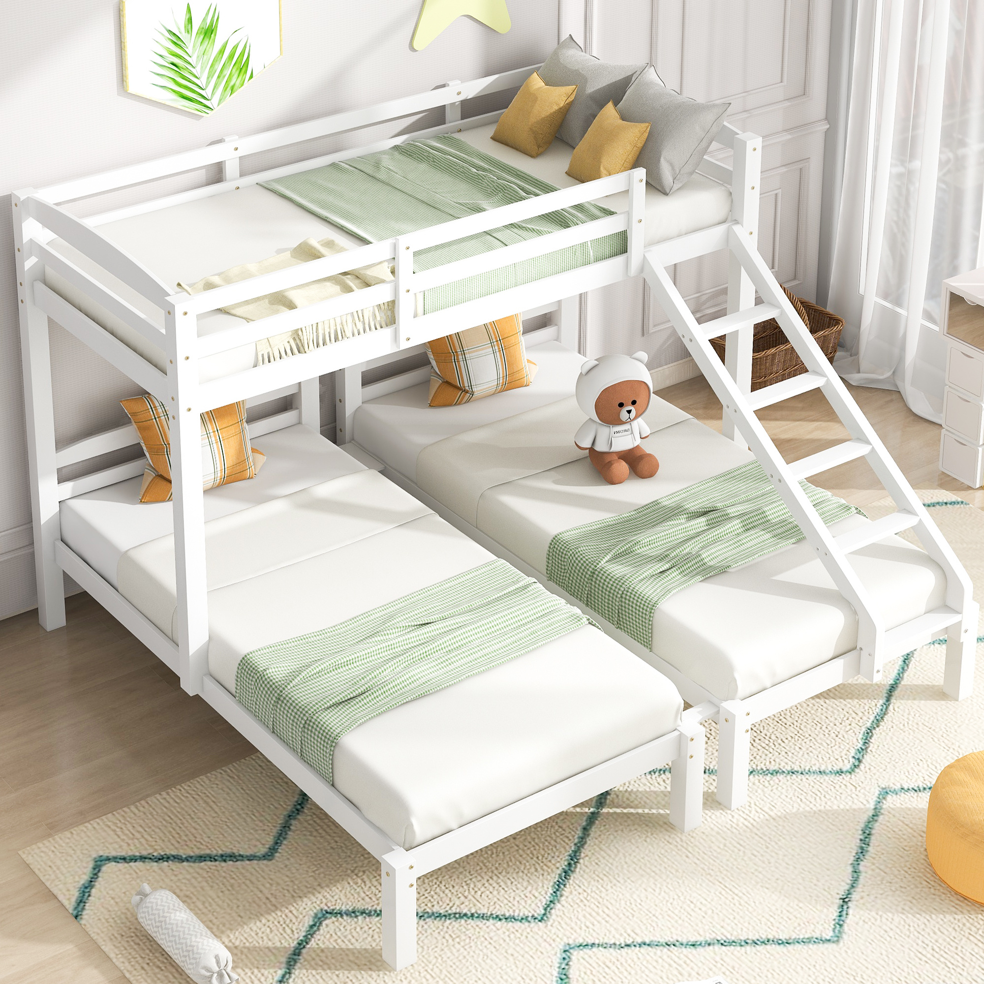 Bunk Bed 3 Sleeper, Bed Frame White Guard Rail Side Ladder 3Ft Bed Frame 208X198X162CM