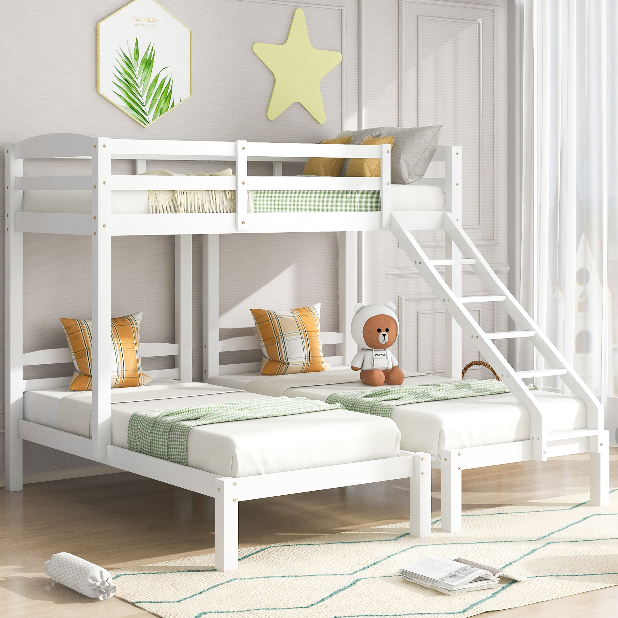 Bunk Bed 3 Sleeper, Bed Frame White Guard Rail Side Ladder 3Ft Bed Frame 208X198X162CM