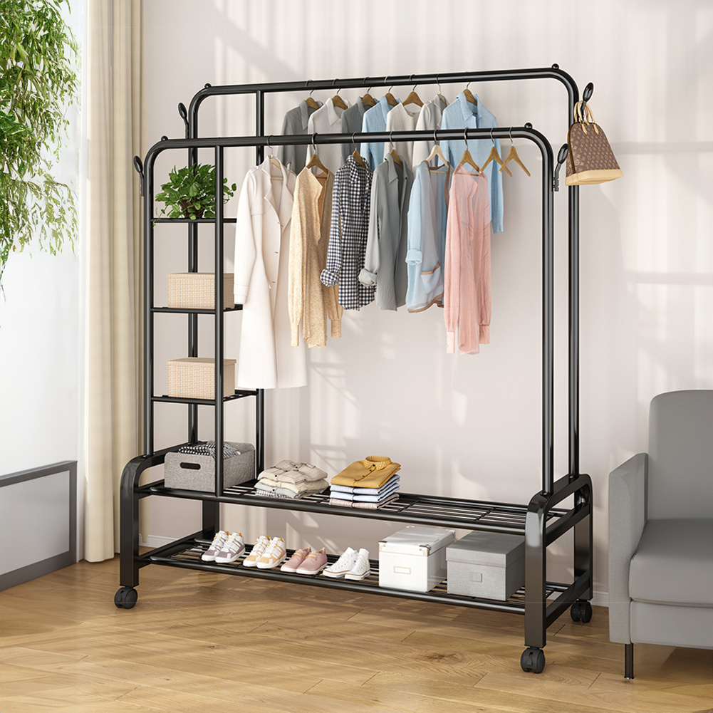 TEMU Large Capacity Metal Clothes Drying Rack Coat Garment Stand, 150cm Wide Free Standing Clothes Rack With Shoes Shelves, Clothing Organizer Open