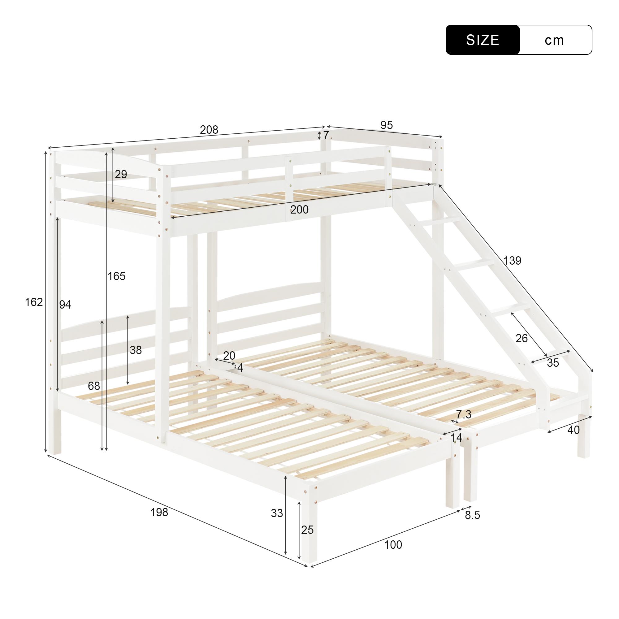 Bunk Bed 3 Sleeper, Bed Frame White Guard Rail Side Ladder 3Ft Bed Frame 208X198X162CM