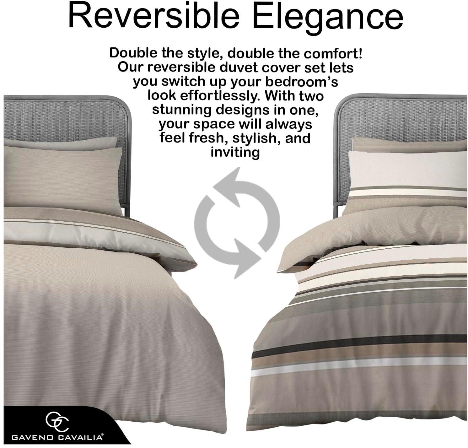 Stylish tan and beige striped reversible duvet cover set on a bed