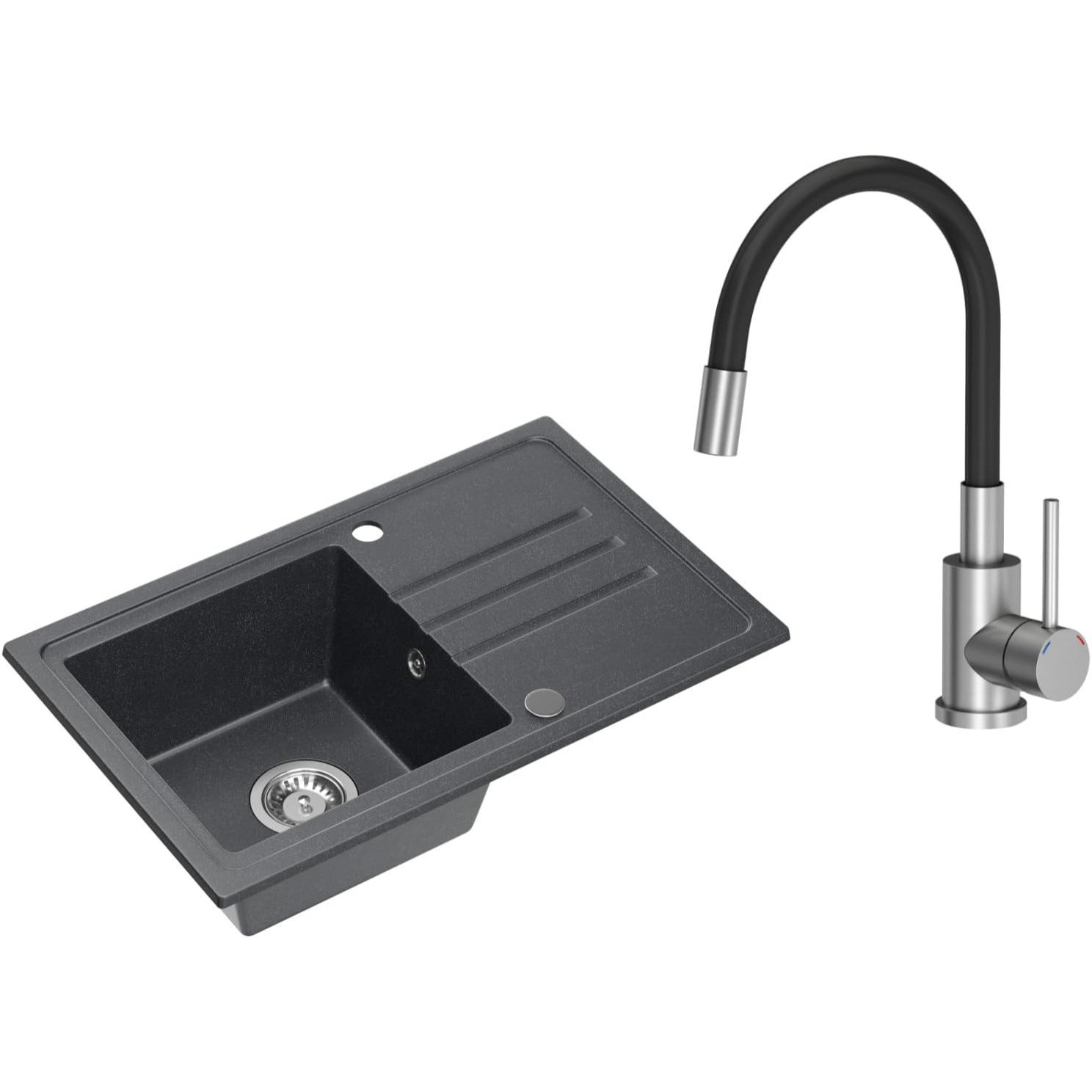 Vbchome Granite Sink Black 70 X 44 Cm – Built-in Single Bowl Reversible Sink With Siphon & Faucet, Black Flex Spout Kitchen Sink Set