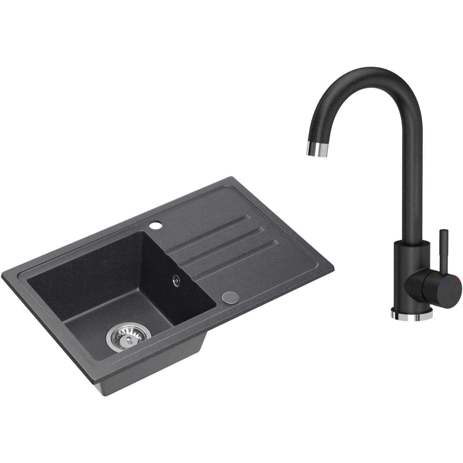 Image of Vbchome Granite Kitchen Sink, Black, 70x44 Cm, Built-in Single Bowl, Reversible With Faucet And Siphon – Complete Set, Finish