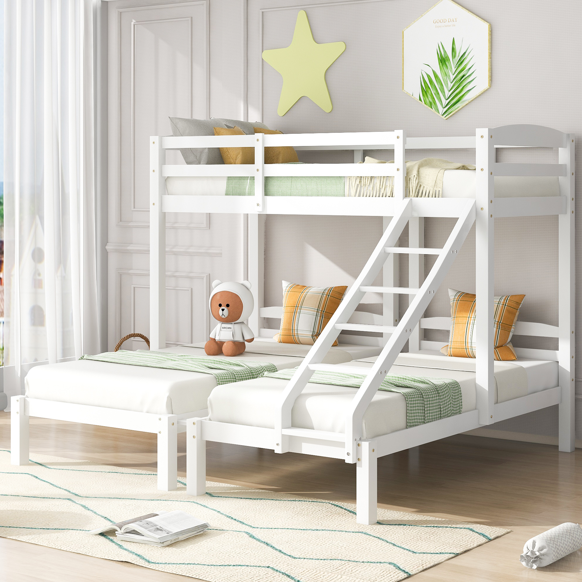 Bunk Bed 3 Sleeper, Bed Frame White Guard Rail Side Ladder 3Ft Bed Frame 208X198X162CM