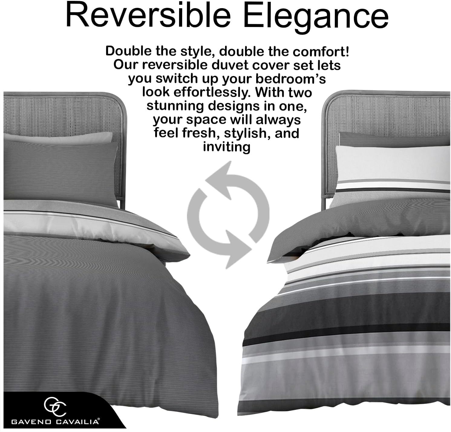 Stylish grey and black striped reversible duvet cover set on a bed