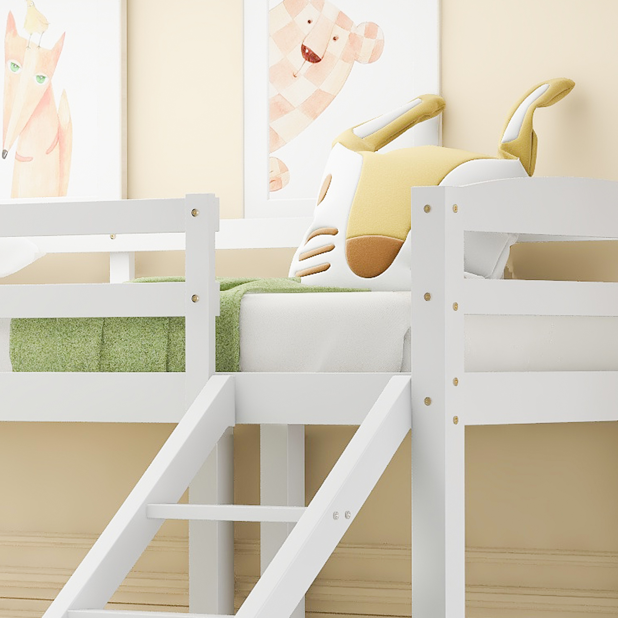 Bunk Bed 3 Sleeper, Bed Frame White Guard Rail Side Ladder 3Ft Bed Frame 208X198X162CM