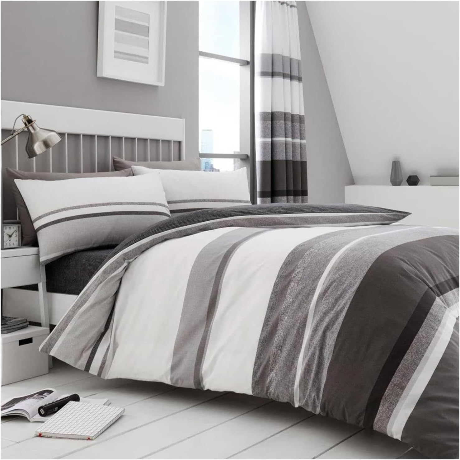 Striped Reversible Duvet Cover Set | Grey & Black | Rugstars UK