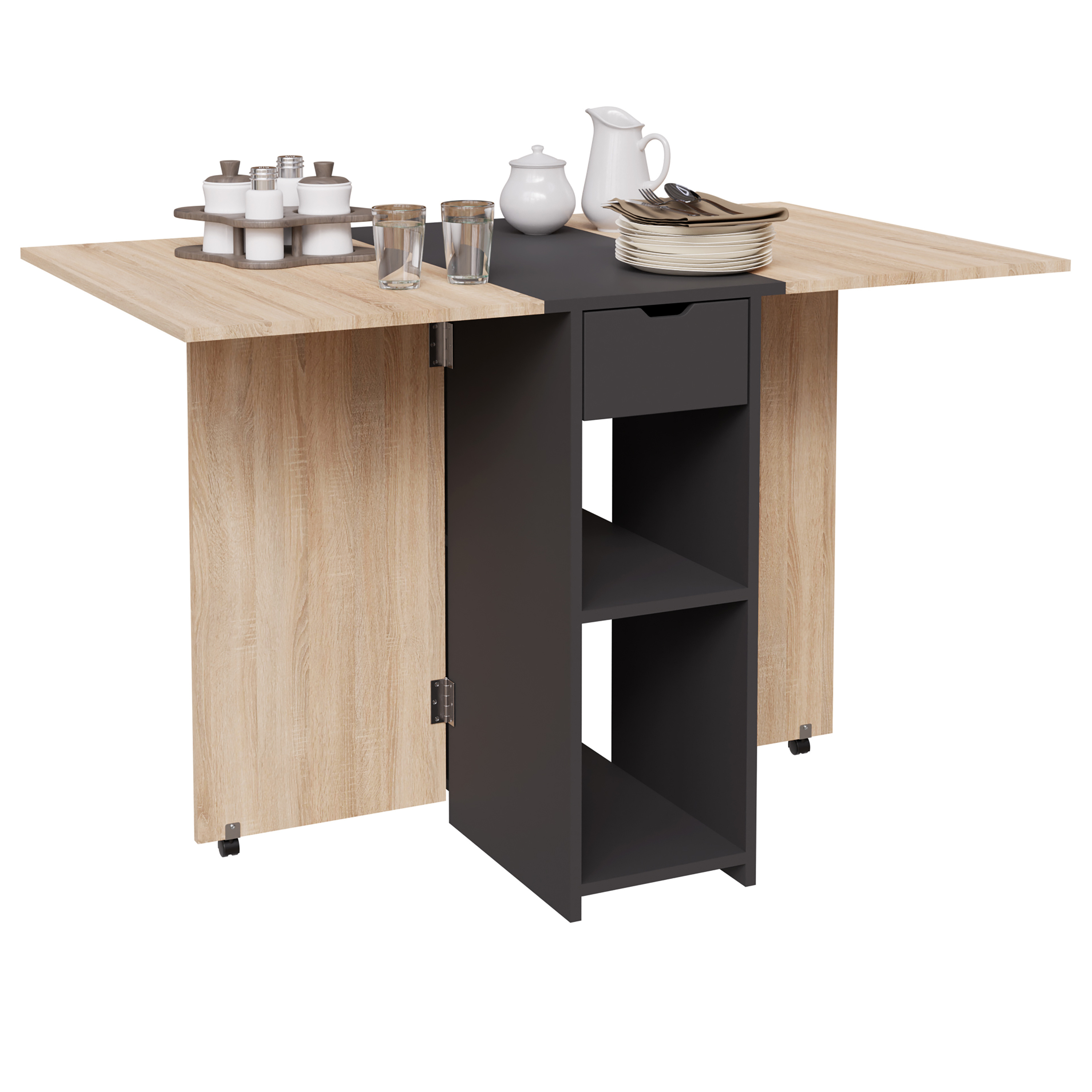Foldable Dining Table With Storage Drawer And Double Shelf, Space Kitchen Table On Wheels For 2-