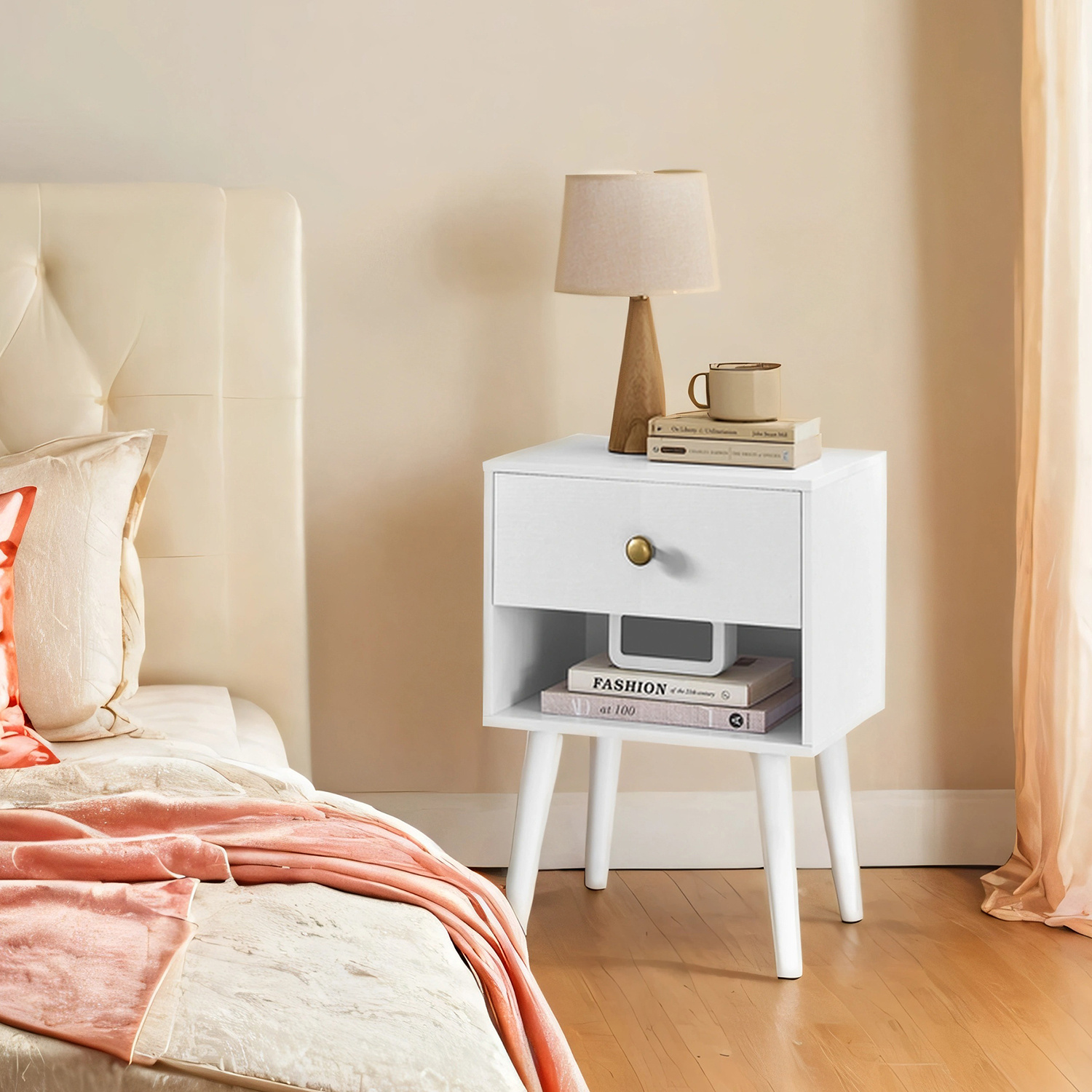 TEMU Nightstand, Side Table With Drawer And Open Compartment, Wooden Legs, Table For Living Room, Bedroom, Sofa, 28 X 39 X 55 Cm