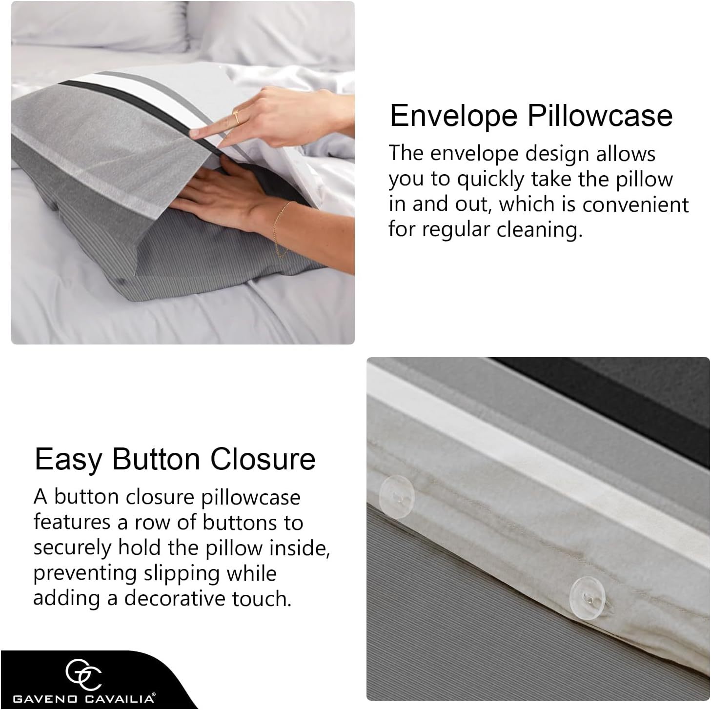 Pillowcases showing both the striped and plain grey designs