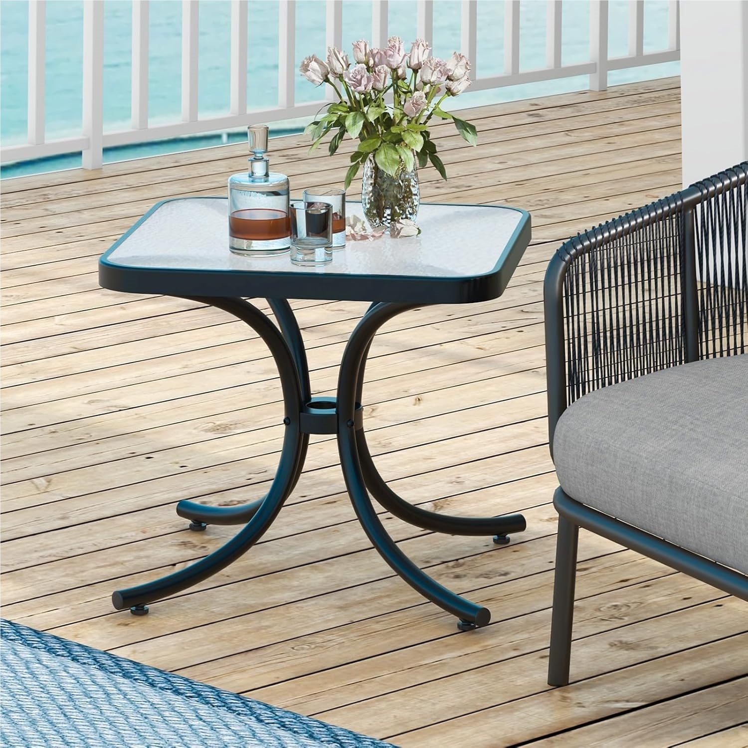 Side Table, Small Garden Table, Weather-resistant Balcony Table, Table With Tempered Glass Table Top, For Balcony, Garden, Terrace, 50 X 50 X