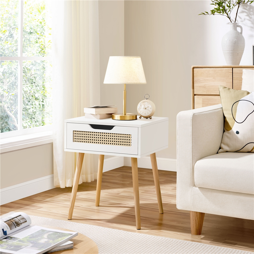 E-shop Costoffs Beistelltisch Nachtschrank Rattan Nachttisch mit Schublade Moderner Sofatisch Holzbeine Nachtkommode für Schlafzimmer Wohnzimmer