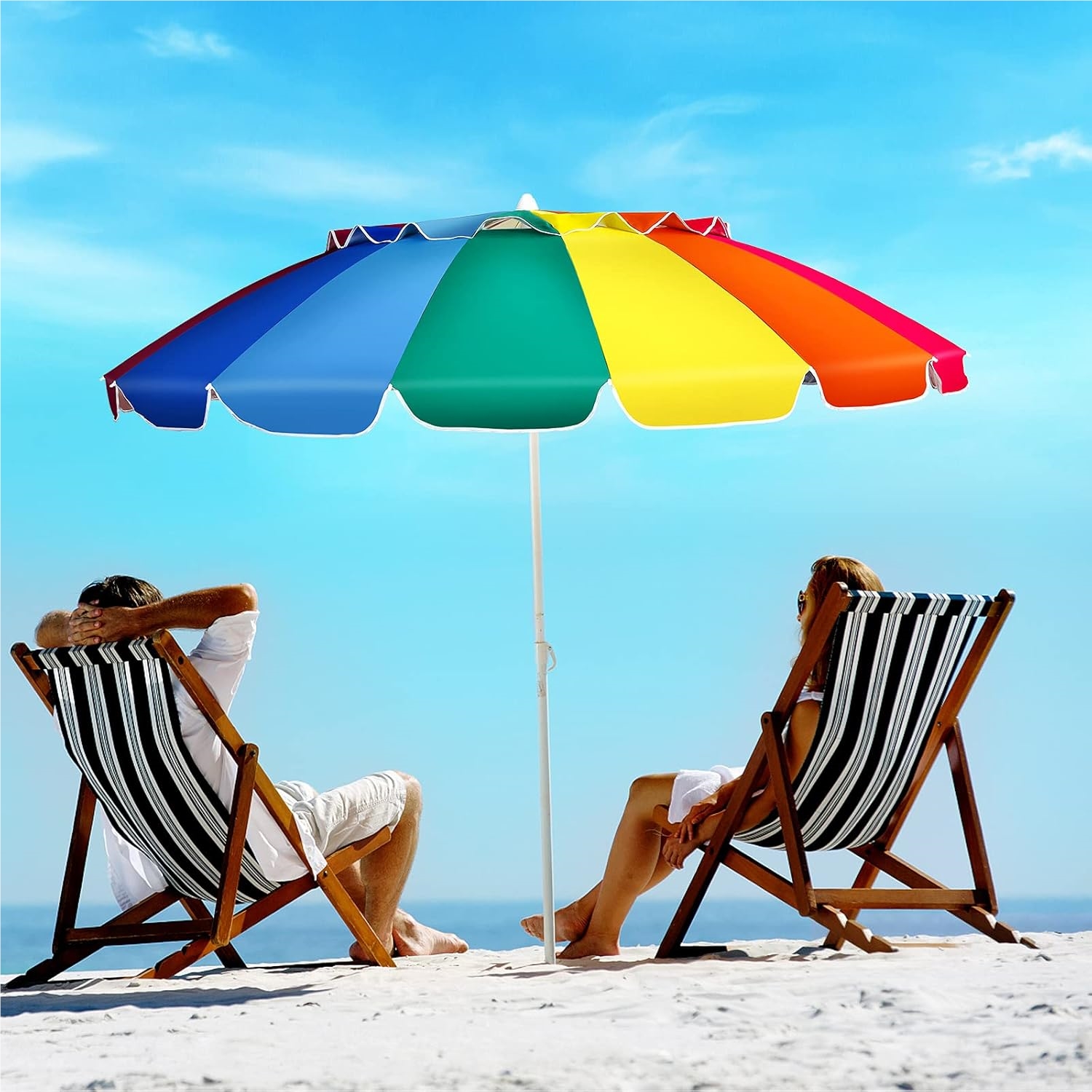 Image of 220 Cm Sun Umbrella Beach, Beach Umbrella Windproof Stable, Upf 50+, 30° Tilt, Sun Protection With Ground Spike For Balcony, Garden & Terrace