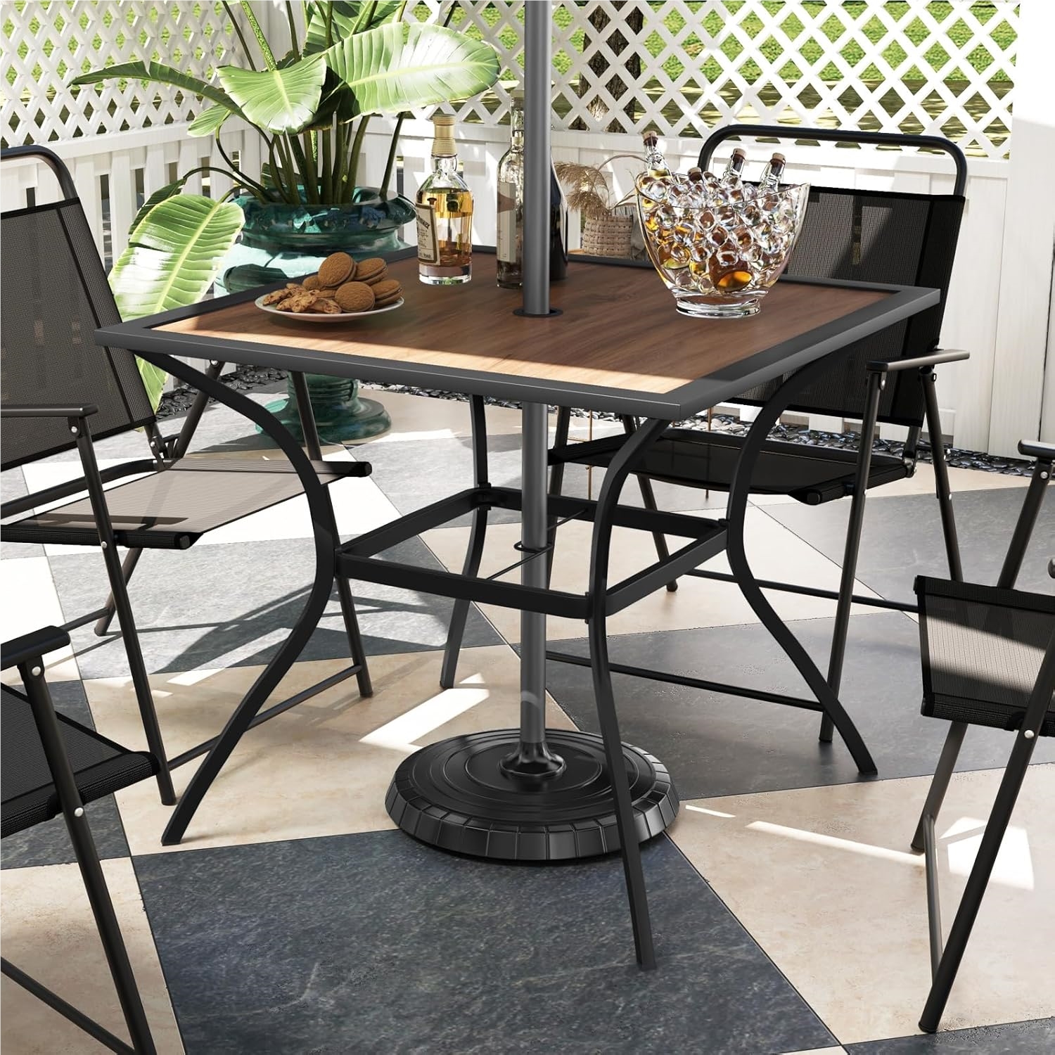 Image of Garden Table With Wood-look Tabletop, 85 X 85 X 74cm, Patio Table With Adjustable Umbrella Hole, Balcony Table For , Outdoor Dining Table For Balcony, Terrace, Garden