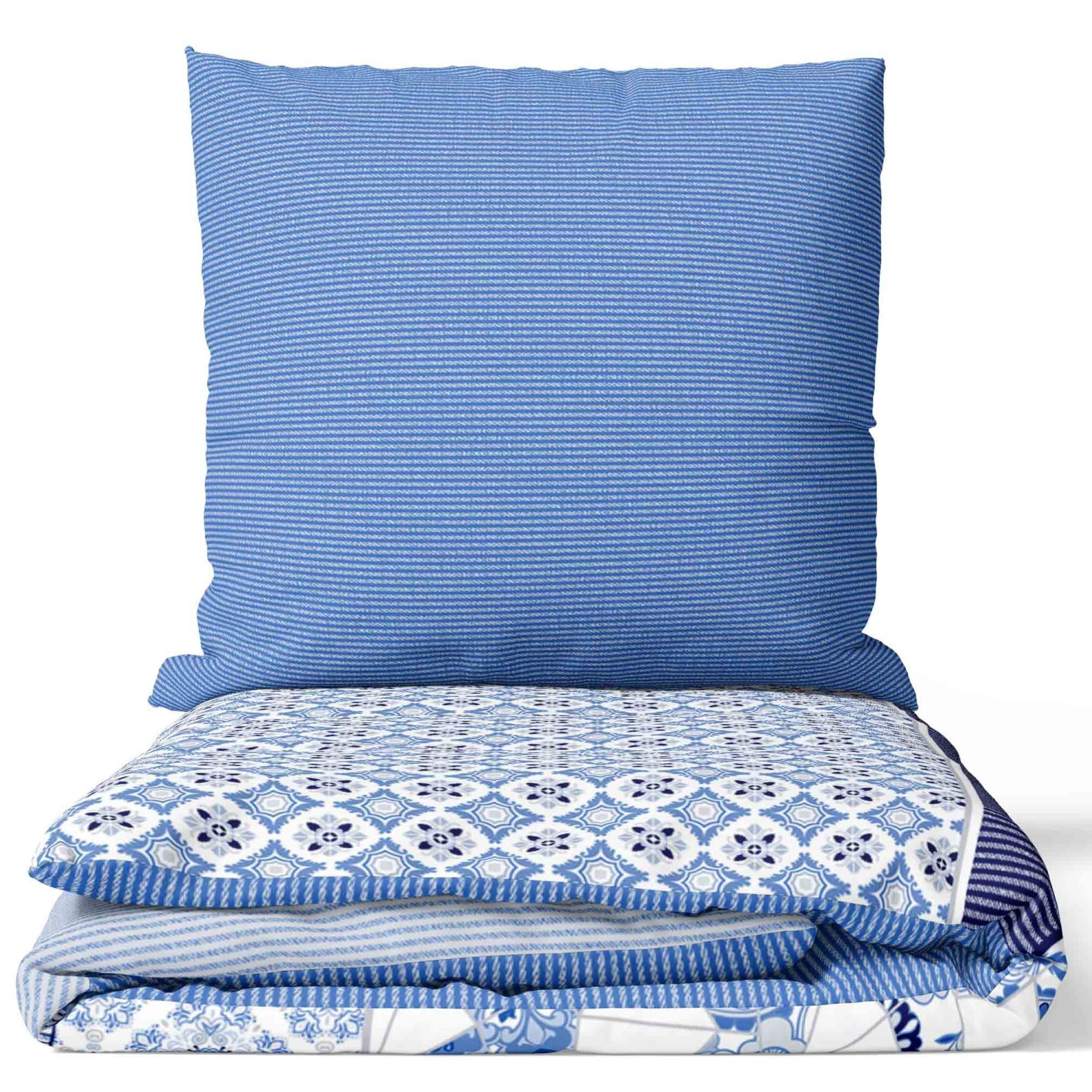 E-shop Bettwäsche Baumwolle Paisley Muster Streifen Set Blau Weiss Modern Kissenbezug 80x80 cm mit Reißverschluss