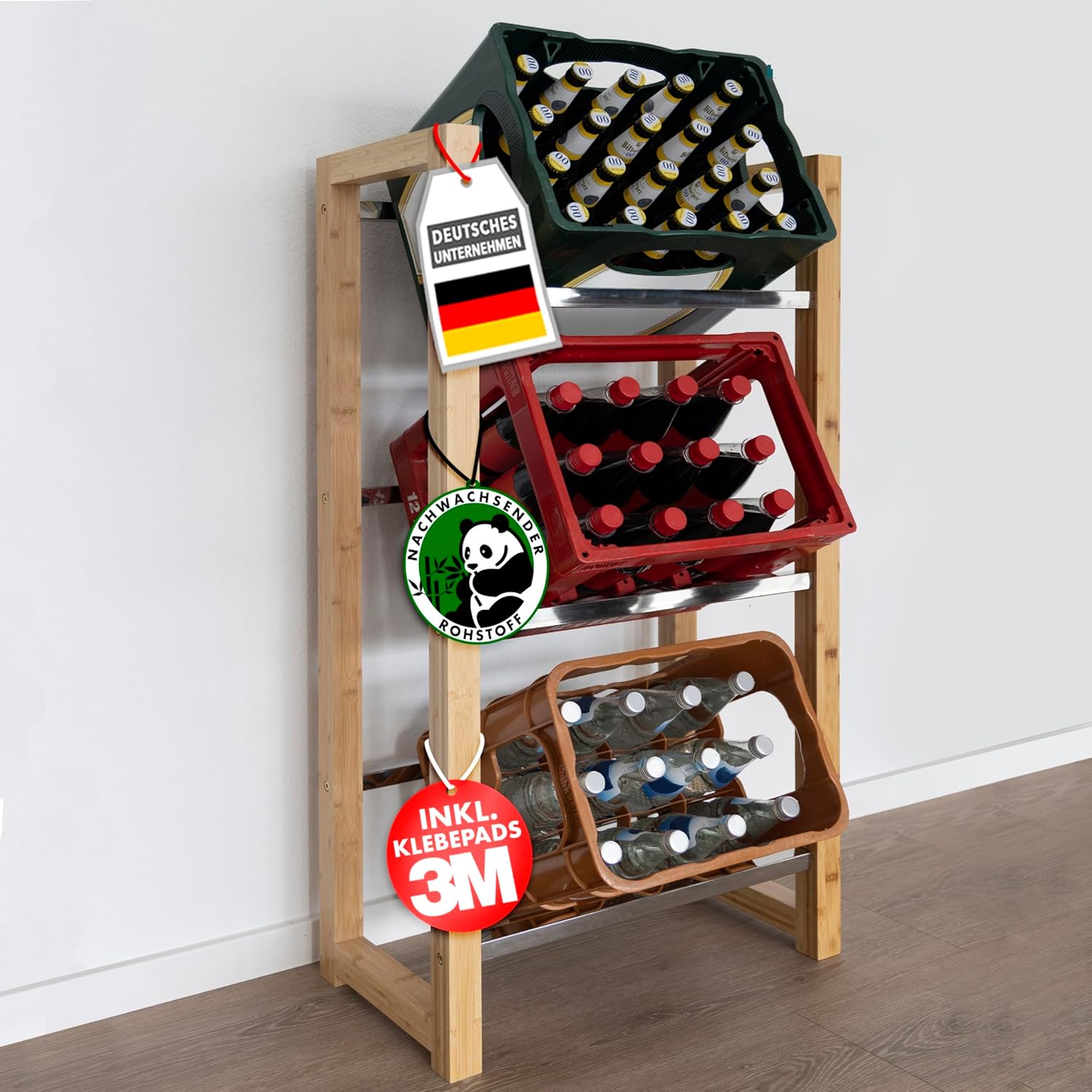 Image of Flash Beverage Crate Rack – Sturdy Bamboo & Stainless Steel Shelf – Durable Water Crate Rack, Beer Crate Rack & Crate Stand – Drink Cabinet For Kitchen, Basement & Pantry (model: Flash)