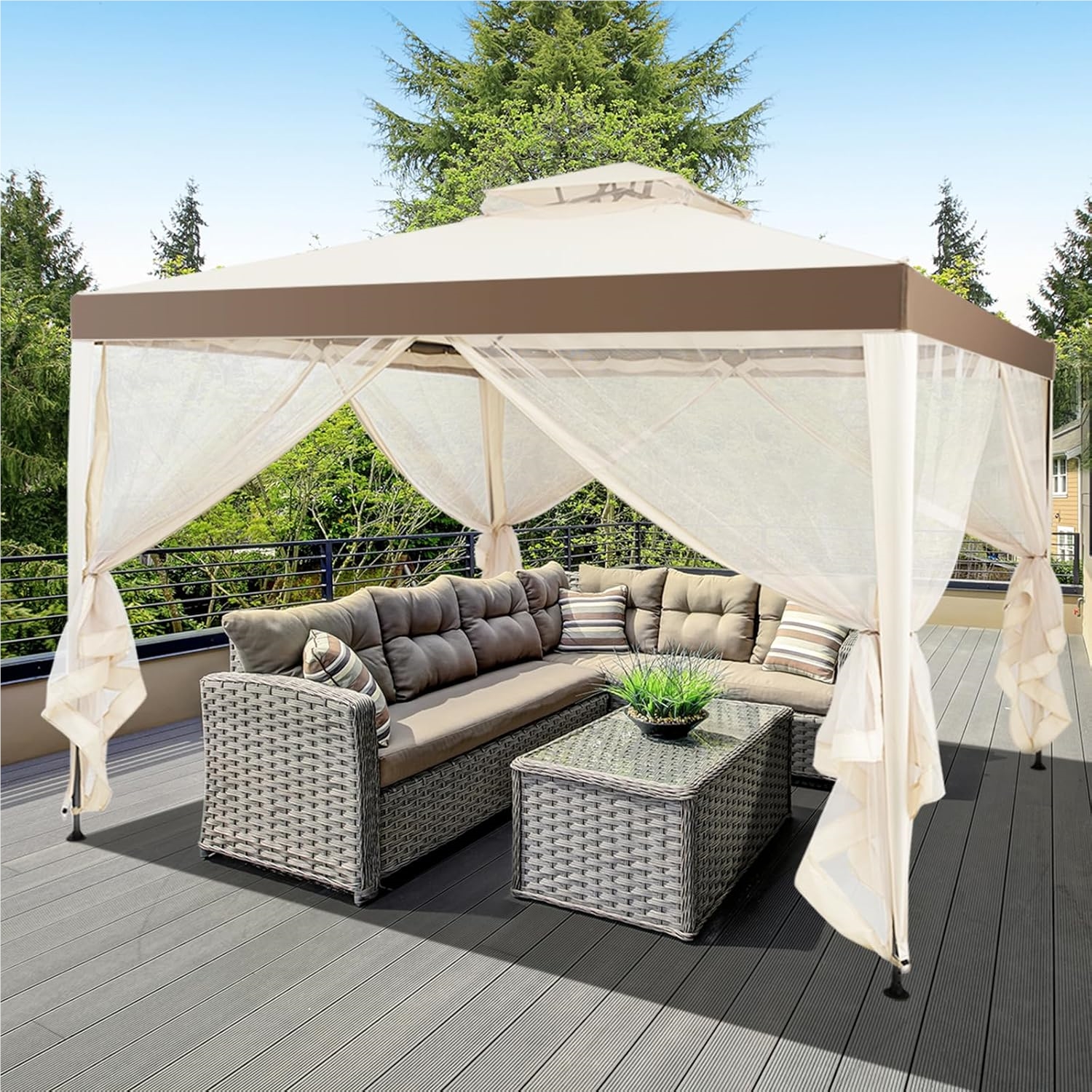 Image of 3 X Gazebo With Net And Double Roof, Sturdy, Winter-proof, Garden , Party Tent For Terrace, Garden, Backyard (beige)