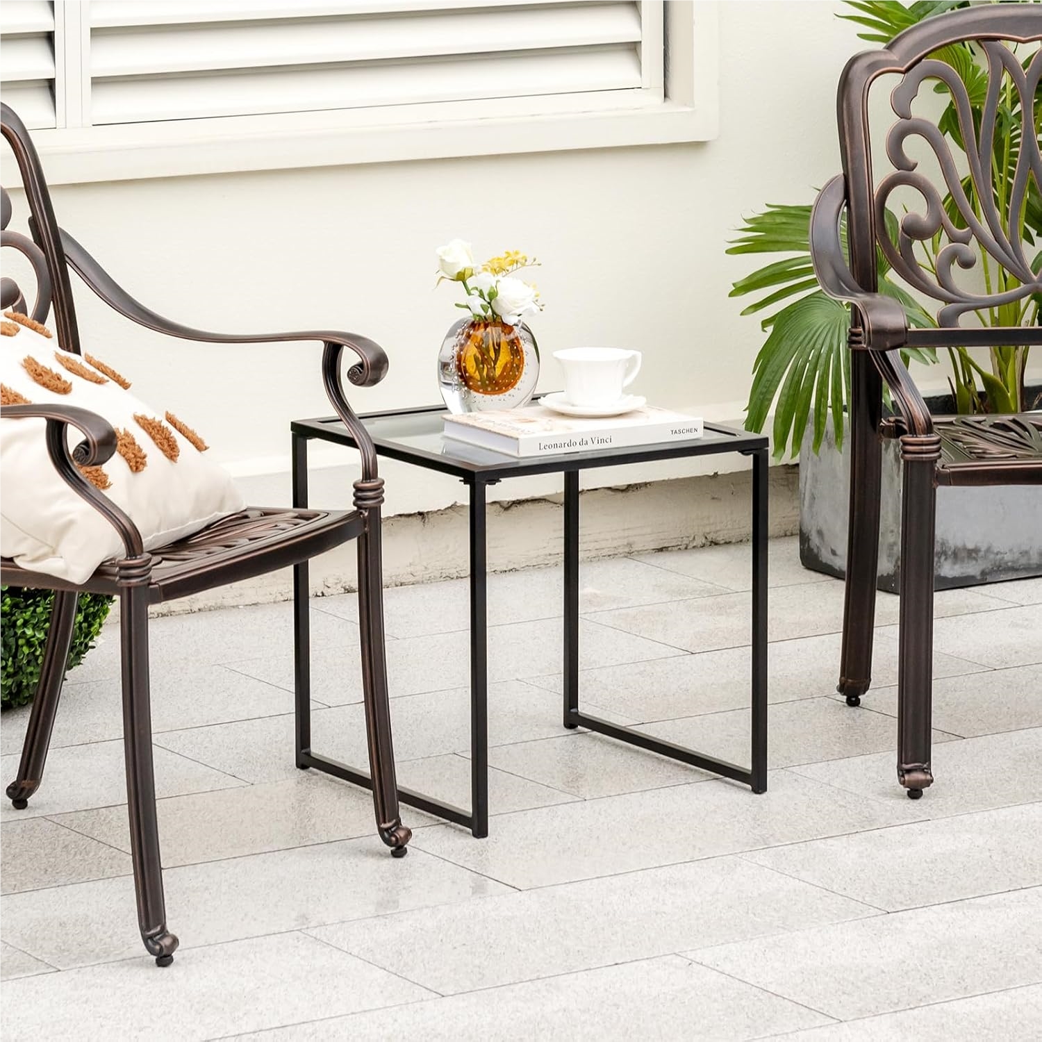 Image of Side Table, Small Garden Table, Balcony Table With Tempered Glass Table Top, Coffee Table For Living Room, Garden, Balcony, Terrace, 43 X