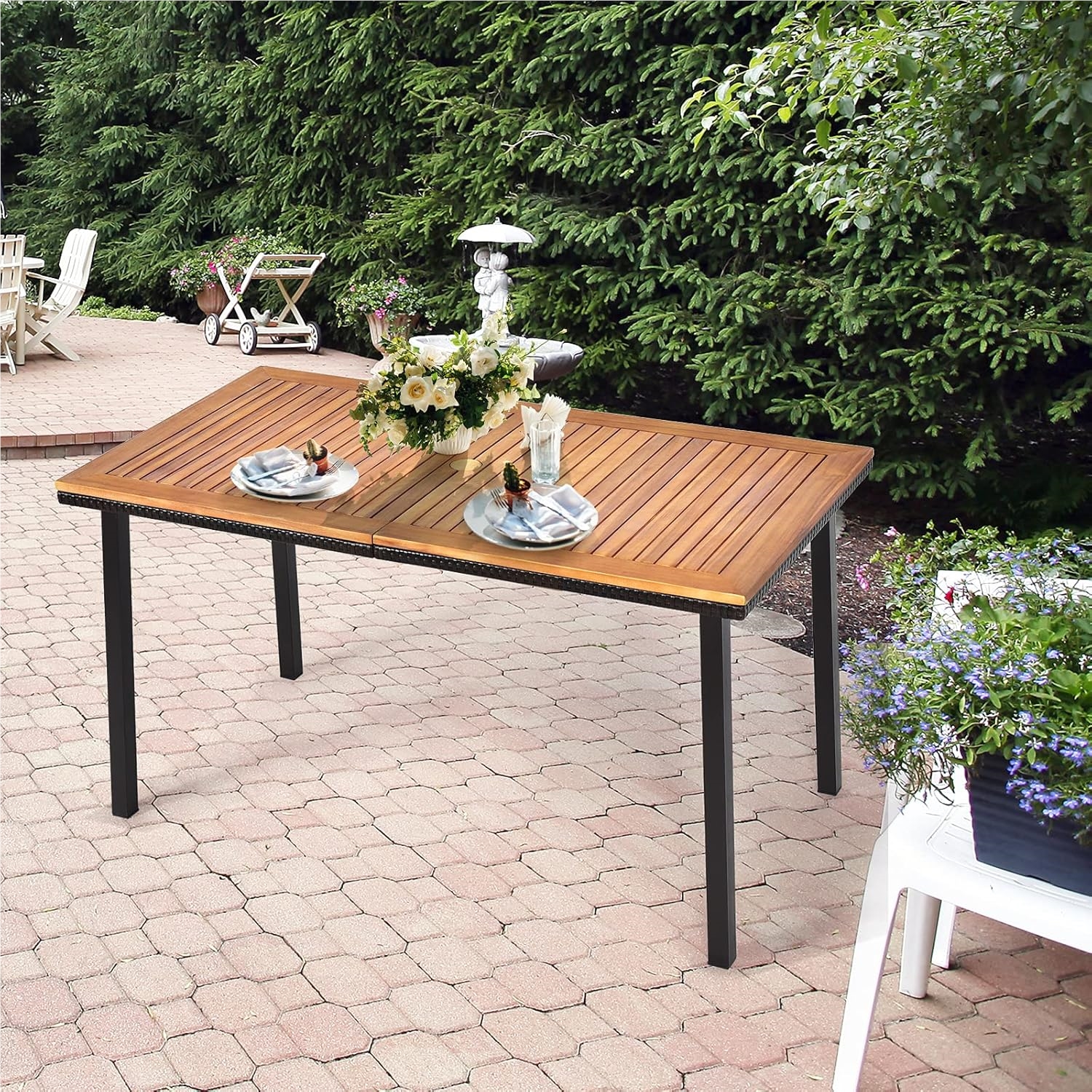 Image of Garden Table With Parasol Hole, 140 X 75 X 76cm, Dining Table For 6 - 8 People, Terrace Table With Tabletop Made Of Acacia Wood, Rectangular Wooden Table With Metal Frame