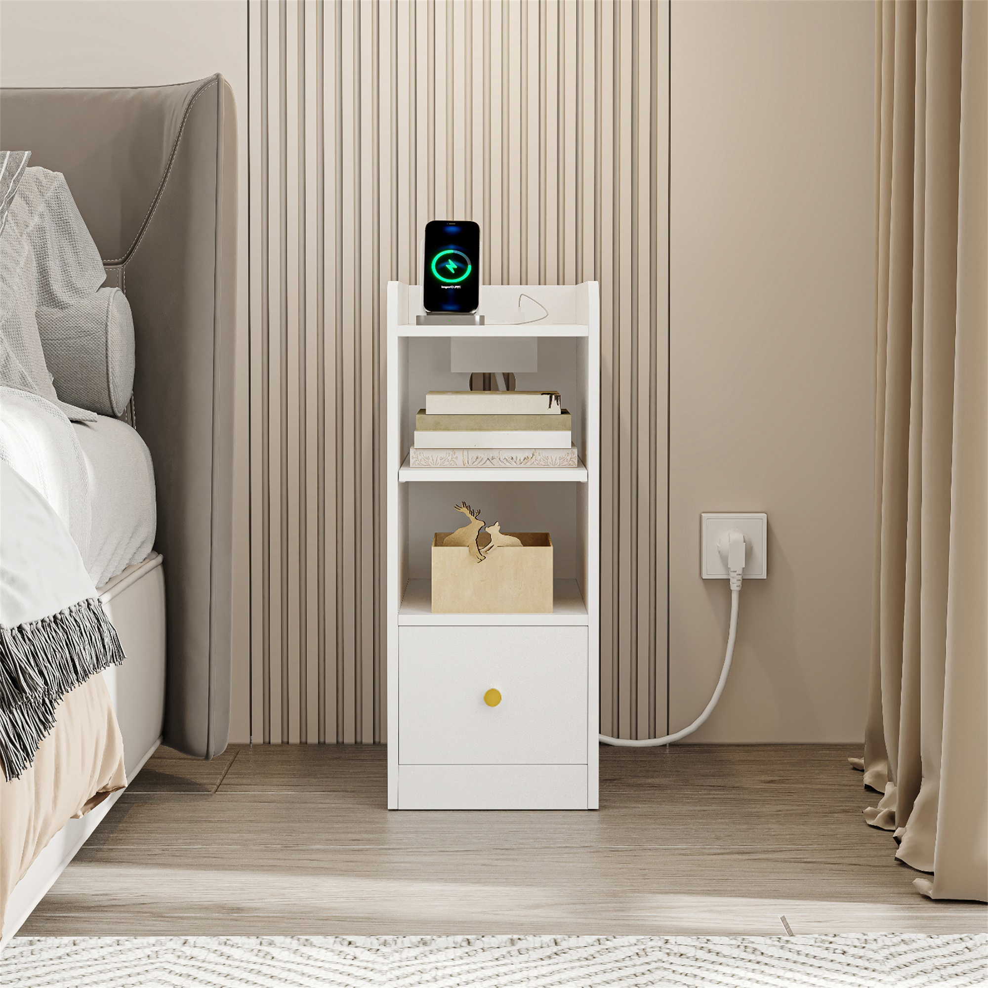 TEMU Table de Chevet avec Multiprise, Port USB et Type C, Table d'appoint Étroite, Espace de Rangement à 3 Niveaux avec 1 Tiroir, pour Chambre à