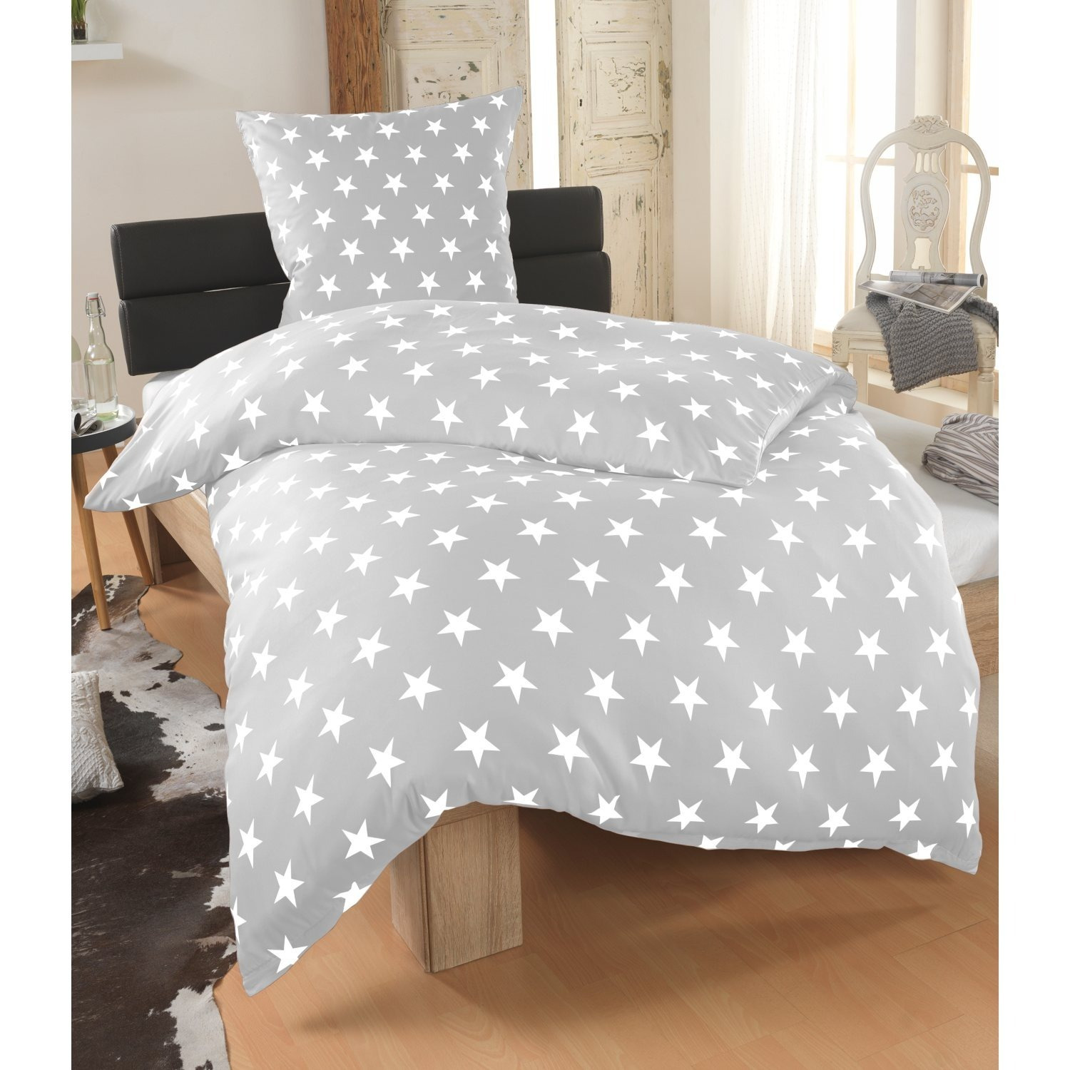 E-shop Sterne Bettwäsche 135x200 155x220 Mikrofaser Bettbezug Set, 1x Bettbezug und 1x Kopfkissenbezug 80x80 cm,für Einzelbett mit Reißverschluss