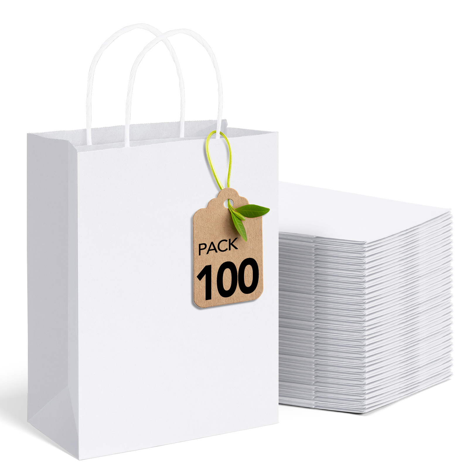E-shop 25/50/100 Stk Weiß Papiertüten mit Henkel - 20,3 x 12 x 26,7 cm Klein Geschenktüten Papiertragetaschen Kraftpapiertüte zum Einkaufen, DIY,