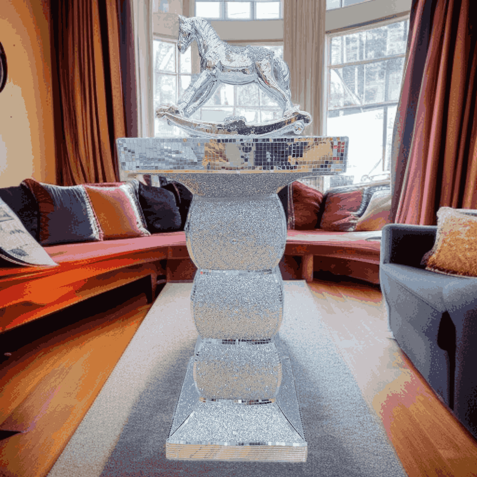 silver   mirrored side table – 60 cm h x 30 cm w crushed   sparkly accent table | modern glam end table, bedside or plant stand – luxury   style 6