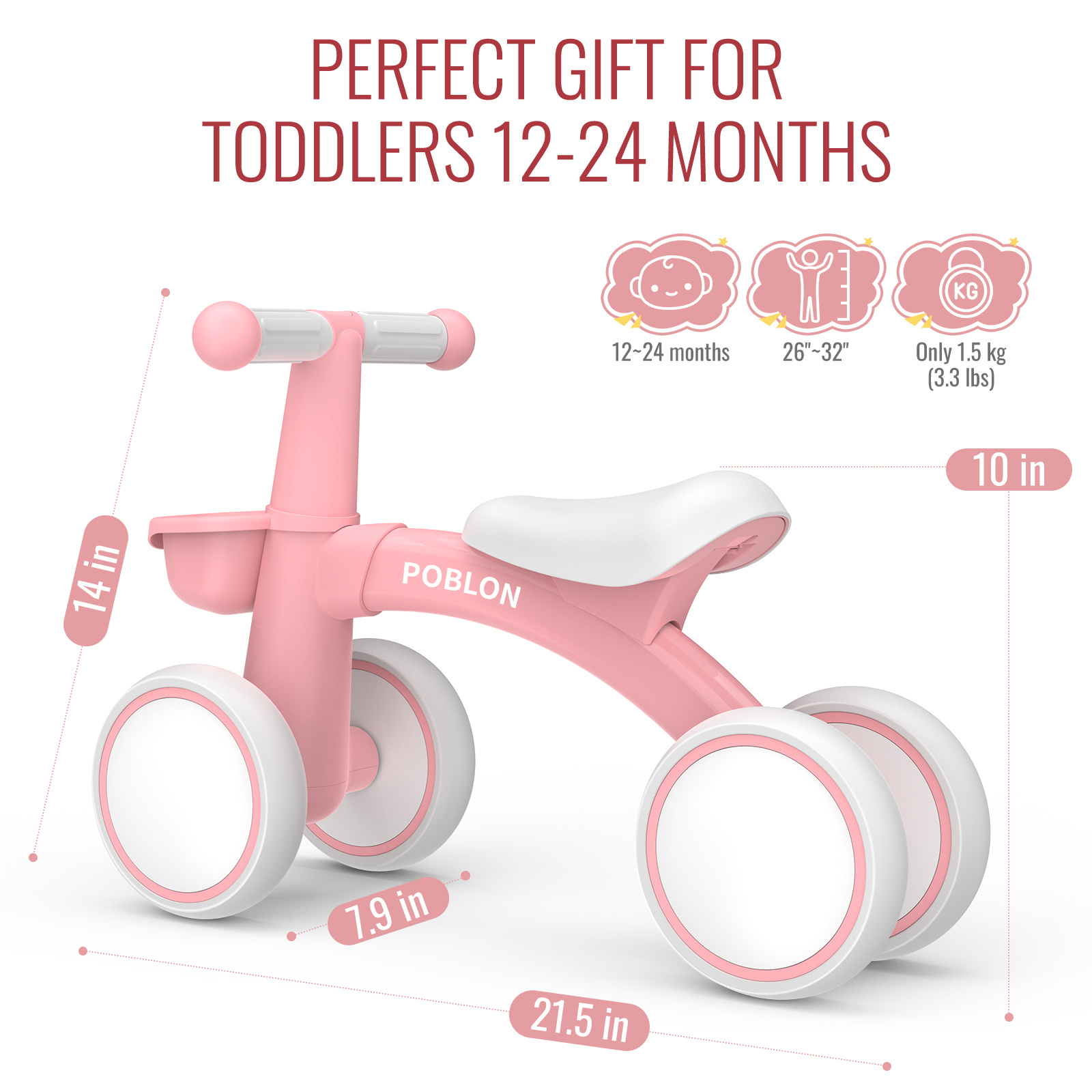 Baby balansfiets met mand, babyloper voor 12-24 maanden, 135° beperkte besturing voorkomt zijdelingse valontwerp, baby's glijdende fiets voor binnen en buiten voor jongens en meisjes, voor 1-jarige verjaardag, groen/roze/zwart