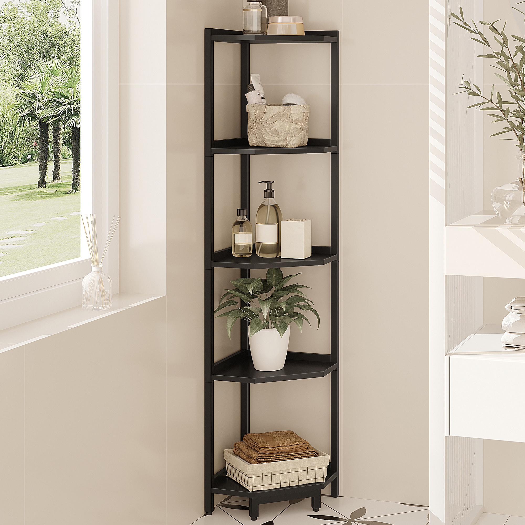 TEMU Mensola Angolare, Scaffale Portaoggetti con Struttura in Metallo, Supporto per Piante, Angolare per Soggiorno, Home Office, Camera da Letto, 5
