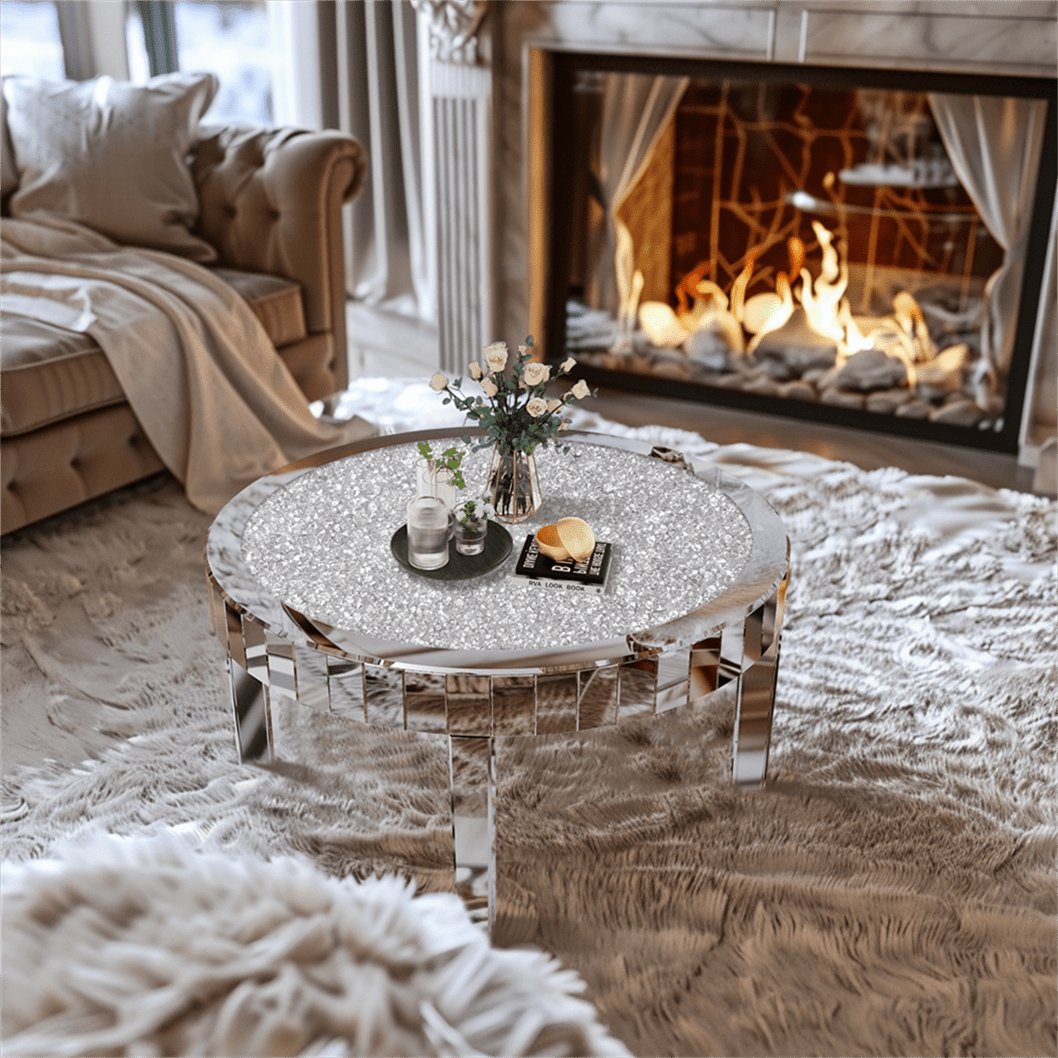 Round Mirrored Coffee Table With Crushed Diamond, 80cm Silvery Round Kitchen Table, Luxury Bling Coffee Table For Living Room, Office And Bedroom