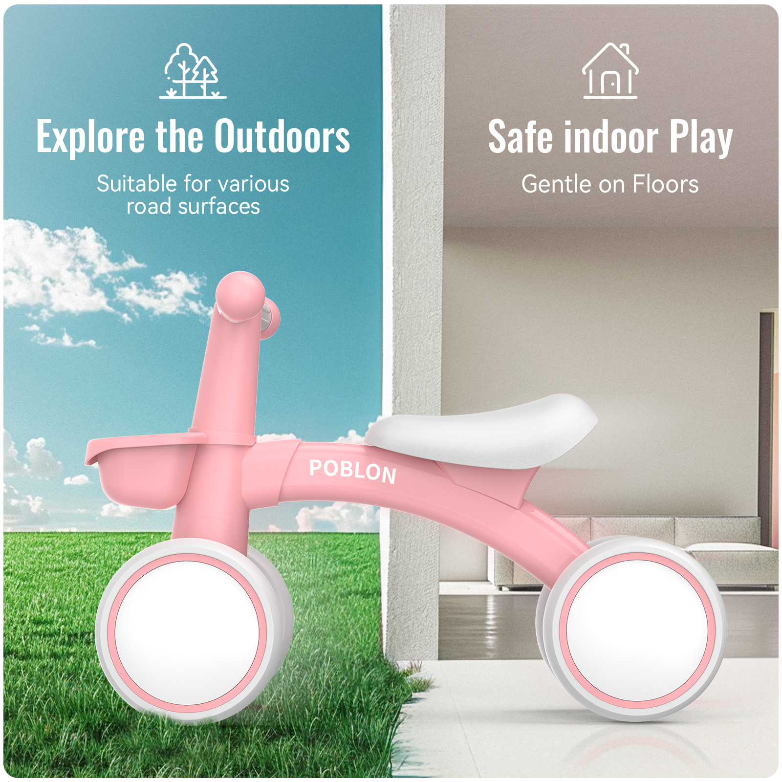 Baby balansfiets met mand, babyloper voor 12-24 maanden, 135° beperkte besturing voorkomt zijdelingse valontwerp, baby's glijdende fiets voor binnen en buiten voor jongens en meisjes, voor 1-jarige verjaardag, groen/roze/zwart