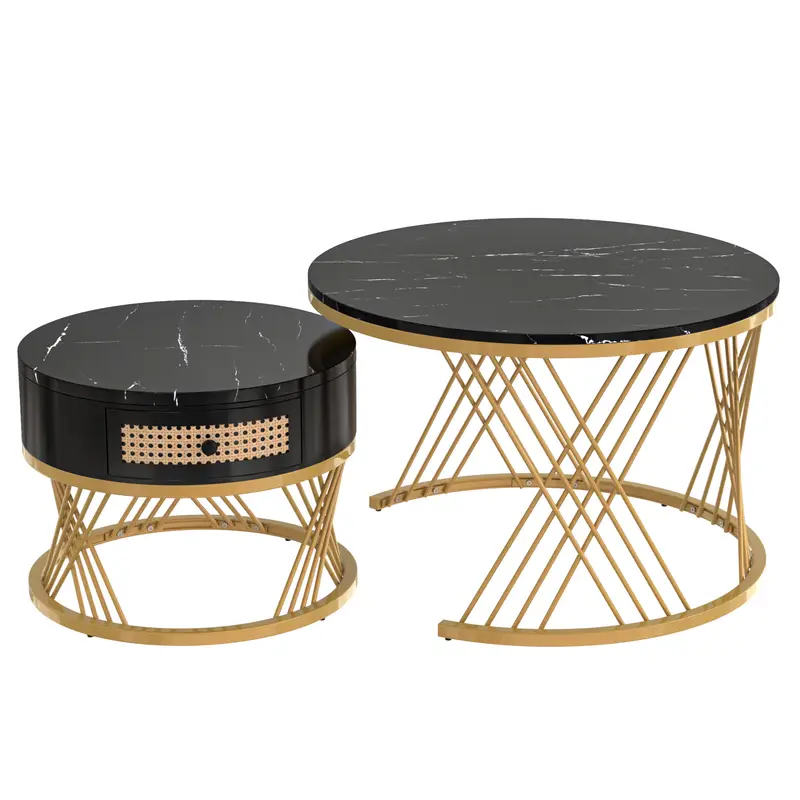 2 in 1 round coffee table made of mdf with marble grain veneer top rattan drawers and solid wood handles gold coloured iron legs details 0
