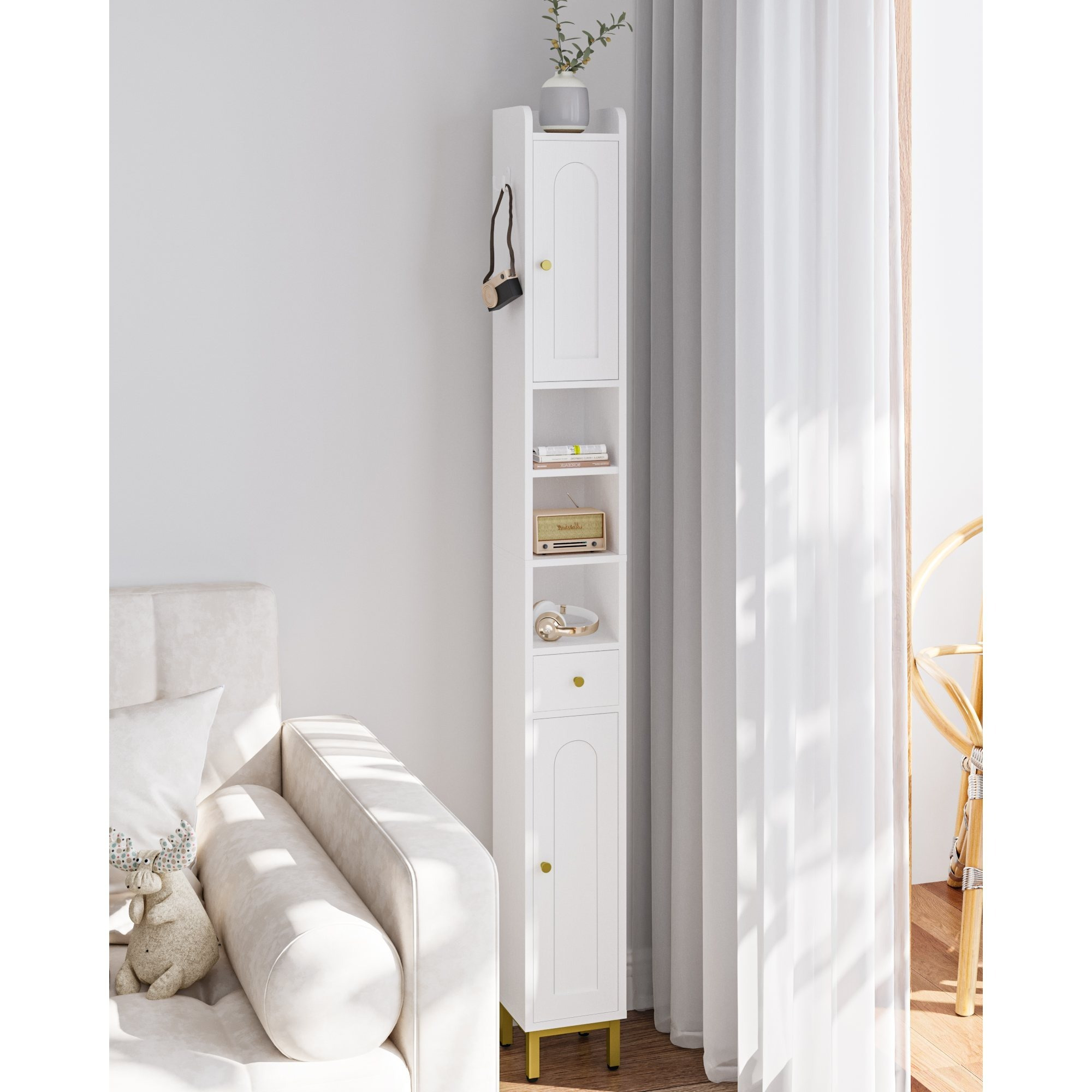 TEMU Meuble Colonne de Salle de Bain, Meuble de Rangement, Armoire Etroit avec Etagères Réglables, 1 Tiroir et 2 Portes, Armoire Haut pour Salon,
