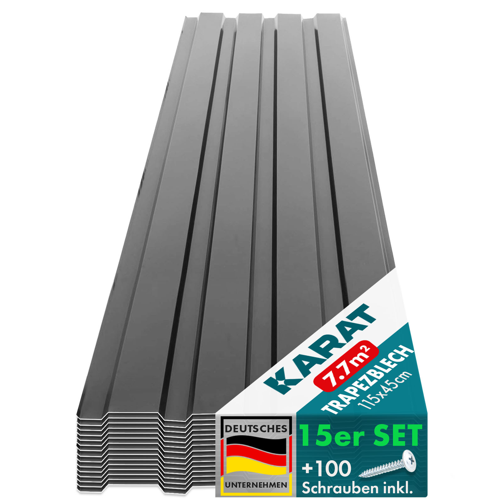 E-shop Trapezblech Set 15 Stück – 7,7 m² Wand & Dach – 115x45 cm Profilblech inkl. Befestigungsschrauben – 0,25 mm stark