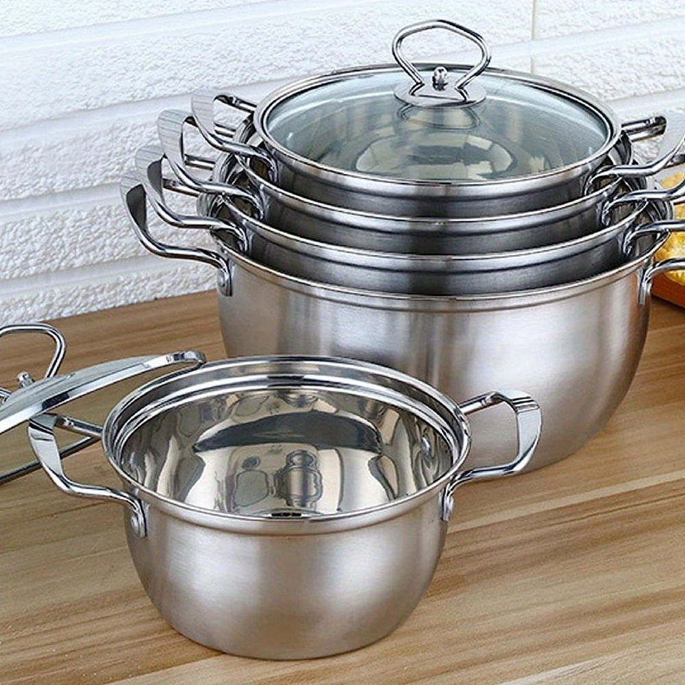 kitchen 5pcs stainless steel pot professional   pot with glass lid not sticky hot pot double ear soup pot