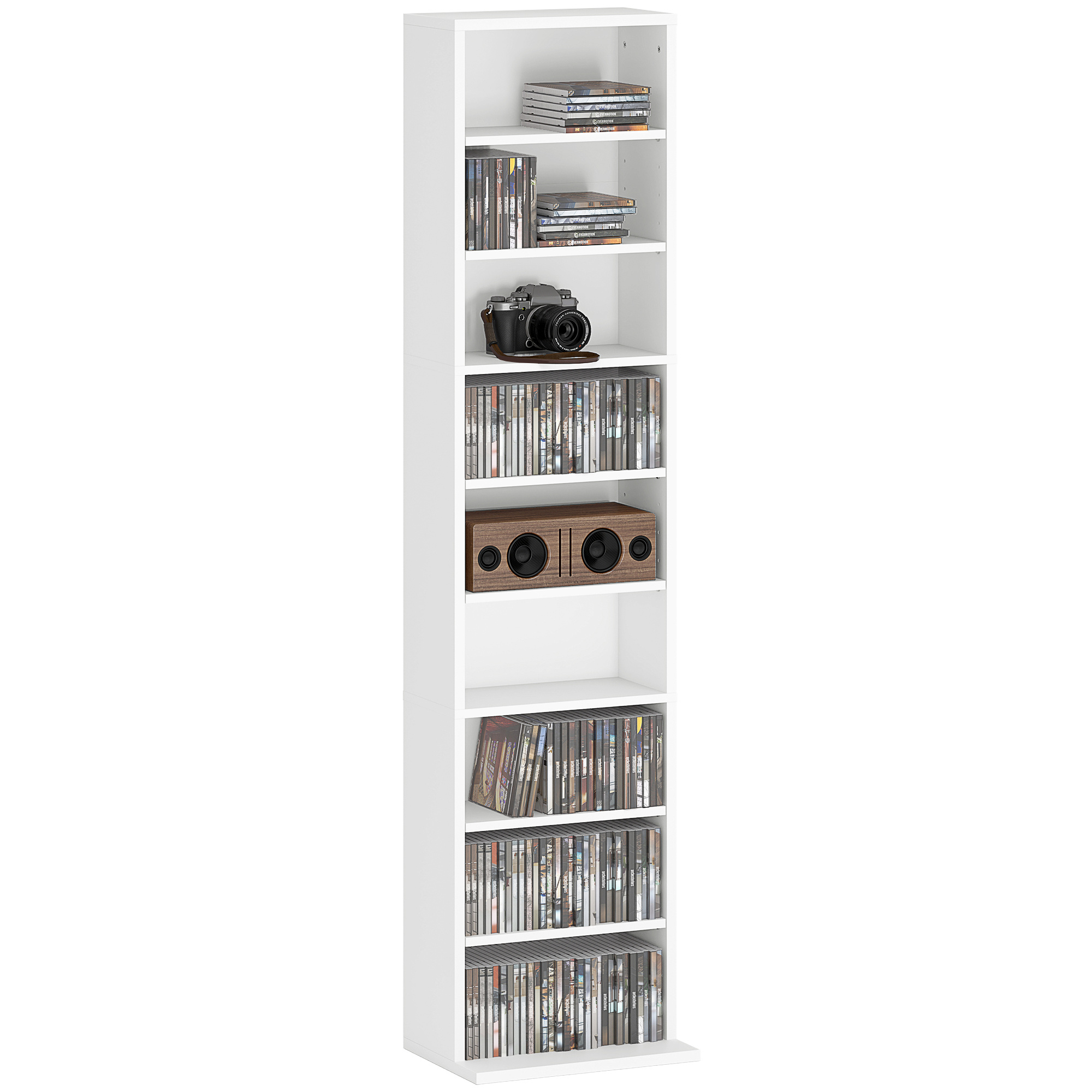 TEMU Prateleira de Armazenamento para CDs e DVDs Compartimentos Ajustáveis, Suporte Slim para Sala ou Escritório, 33x24x140 cm, Branco