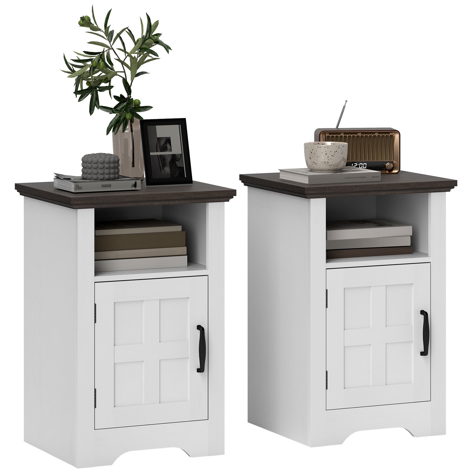 Image of Homcom 2pcs Auxiliary Table Set For Living Room, Nightstands With Door, Rustic Style, Open Shelf, Tables For Bedroom, 40x35x60 Cm, White