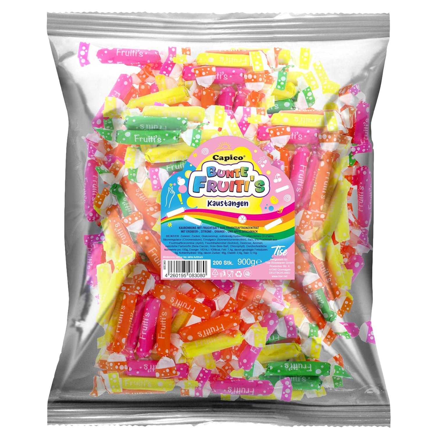 E-shop Tise Süsswaren Bunte Fruitis Kaustangen Kaubonbon für Wurfmaterial, Karneval, Fasching (900g, 200 Stück)