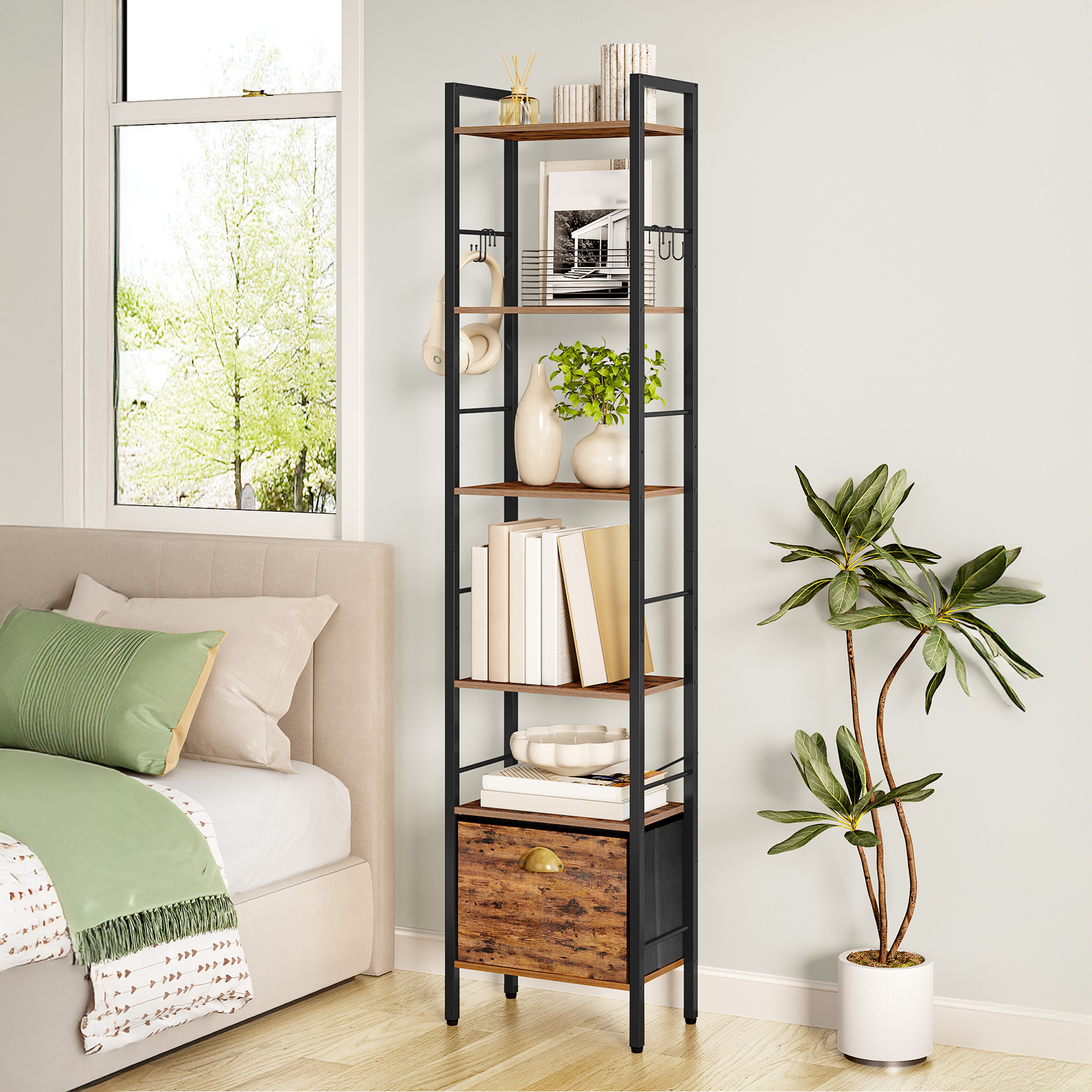 TEMU Librería, Librería Vertical de 6 Niveles con 1 Cajón, Estantería , Estilo Industrial, Estructura de Metal, Adecuada para Estudio, Salón,
